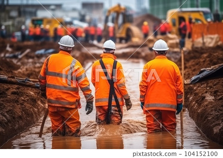 Group of worker excavation water drainage at construction site. 104152100