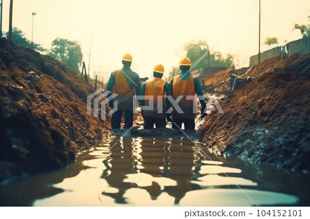 Group of worker excavation water drainage at construction site. 104152101