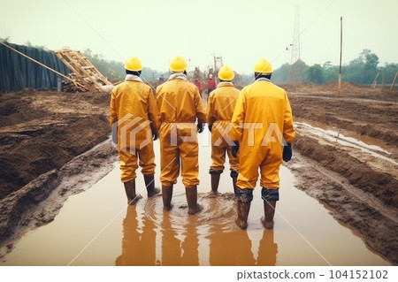 Group of worker excavation water drainage at construction site. Group of worker excavation water drainage at construction site. 104152102