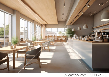 Modern minimal comfortable coffee shop seating area interior design with wood tables and armchairs, long sofa. 104152105