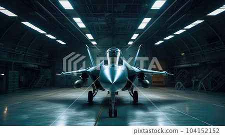 Fighter jet parked inside hangar. 104152152