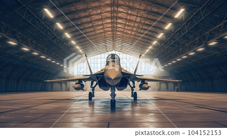 Powerful military fighter jet parked in military hangar. Powerful military fighter jet parked in military hangar. 104152153