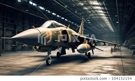 military fighter jet aircraft parked in military hangar at the base airforce. military fighter jet aircraft parked in military hangar at the base airforce. 104152154