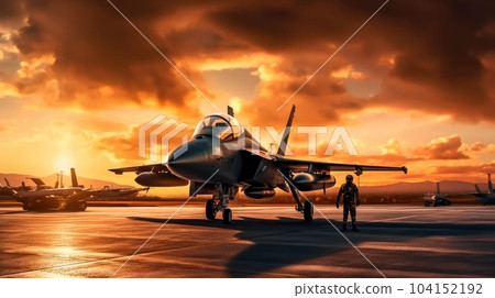 military fighter jet aircraft parked on runway in the base airforce standby ready to take off. 104152192
