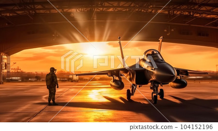 Fighter plane silhouette at sunset. Fighter plane silhouette at sunset. 104152196