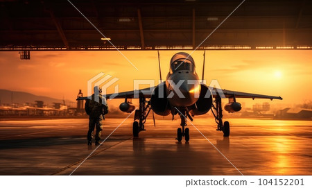 military fighter jet aircraft parked on runway in the base airforce standby ready to take off. 104152201