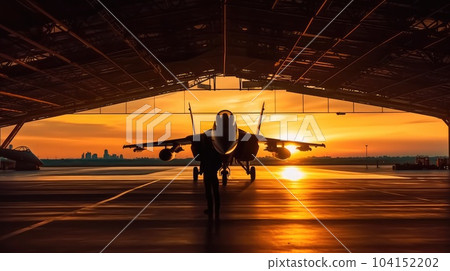 Fighter plane silhouette at sunset. Fighter plane silhouette at sunset. 104152202