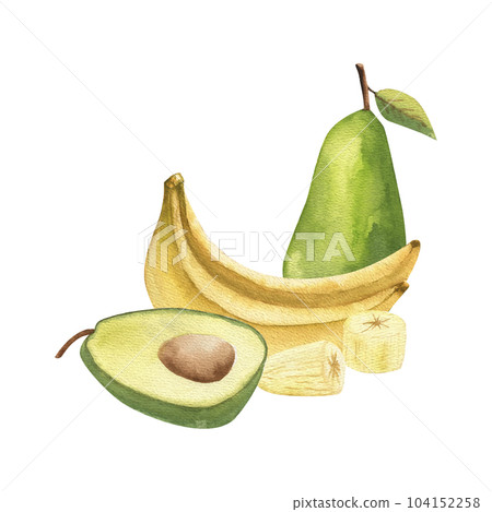 A set of tropical fruits, pears, avocado, banana and its slices, highlighted on a white background. Watercolor 104152258