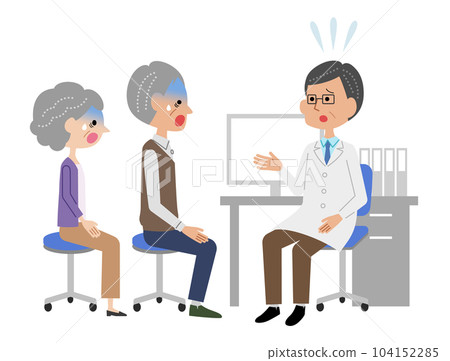 A senior couple who receives an explanation from a male doctor in an examination room and is shocked 104152285