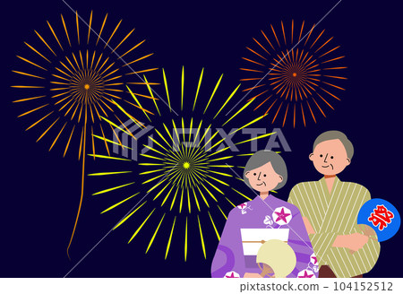 Illustration of an elderly couple watching fireworks in a yukata 104152512