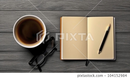 Cup of coffee with notebook, pen on wooden table. Top view and copy space. Generative AI. Cup of coffee with notebook, pen on wooden table. Top view and copy space. Generative AI. 104152984