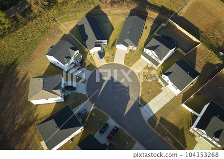 Aerial view of cul de sac at neighbourhood road dead end with densely built homes in South Carolina residential area. Real estate development of family houses and infrastructure in american suburbs Aerial view of cul de sac at neighbourhood road dead end with densely built homes in South Carolina residential area. Real estate development of family houses and infrastructure in american suburbs 104153268