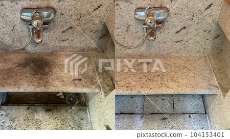 Before and after, removal of old dirt in a bathroom with Japanese green stone Before and after, removal of old dirt in a bathroom with Japanese green stone 104153401