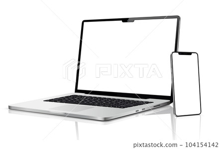 Laptop, tablet and mobile phone. Flat lay detailed and realistic devices mockup 104154142