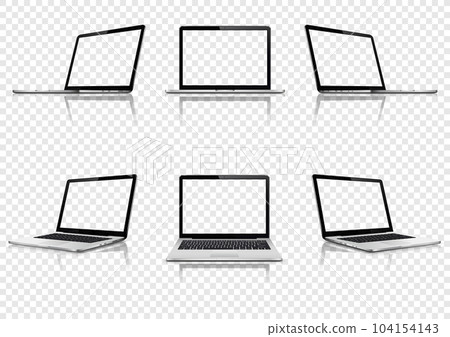 Laptop with transparent screen on transparent background. Perspective, top and front laptop view with transparent screen. 104154143