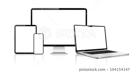 Realistic computer screen, laptop, tablet, phone. Flat lay detailed and realistic devices mockup Realistic computer screen, laptop, tablet, phone. Flat lay detailed and realistic devices mockup 104154147