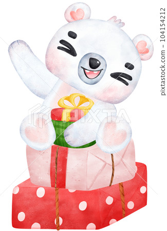Christmas Surprise, joyful Adorable Polar Bear with Stacked Presents, winter animal watercolour Children Illustration Christmas Surprise, joyful Adorable Polar Bear with Stacked Presents, winter animal watercolour Children Illustration 104154212
