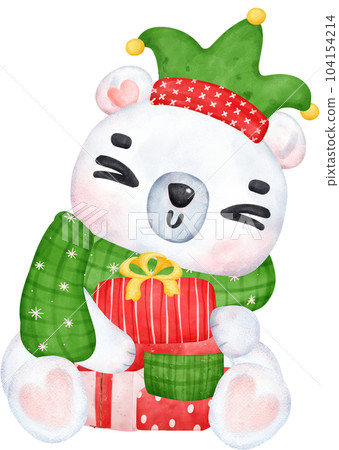 Christmas Surprise, joyful Adorable Polar Bear with Stacked Presents, winter animal watercolour Children Illustration Christmas Surprise, joyful Adorable Polar Bear with Stacked Presents, winter animal watercolour Children Illustration 104154214