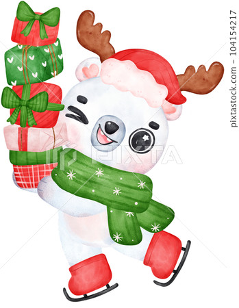 Christmas Surprise, joyful Adorable Polar Bear with Stacked Presents, winter animal watercolour Children Illustration Christmas Surprise, joyful Adorable Polar Bear with Stacked Presents, winter animal watercolour Children Illustration 104154217