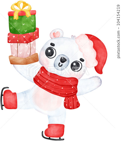 Christmas Surprise, joyful Adorable Polar Bear with Stacked Presents, winter animal watercolour Children Illustration 104154219
