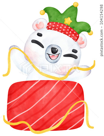 Christmas Surprise, joyful Adorable Polar Bear with Stacked Presents, winter animal watercolour Children Illustration Christmas Surprise, joyful Adorable Polar Bear with Stacked Presents, winter animal watercolour Children Illustration 104154298