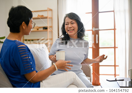Two middle-aged Asian female besties enjoy talking while having morning coffee on a sofa Two middle-aged Asian female besties enjoy talking while having morning coffee on a sofa 104154792