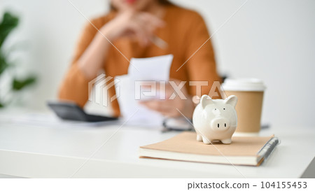 Close-up image of a piggy bank on a table with a woman planning her monthly expenses 104155453