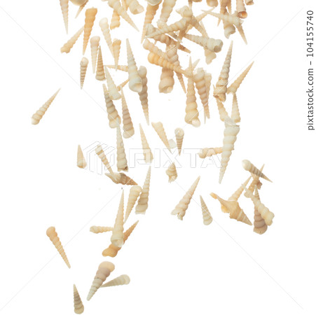Seashell fall splashing in air. sea shell explosion flying, abstract cloud fly. Many Small cream spike Seashell scatter in many group. White background isolated high speed shutter freeze motion 104155740