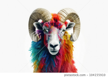 Abstract of Bighorn Ram or sheep portrait isolated on white background, Aries zodiac sign with multi colored colorful on skin body  and hairs paint, with Generative AI. 104155910