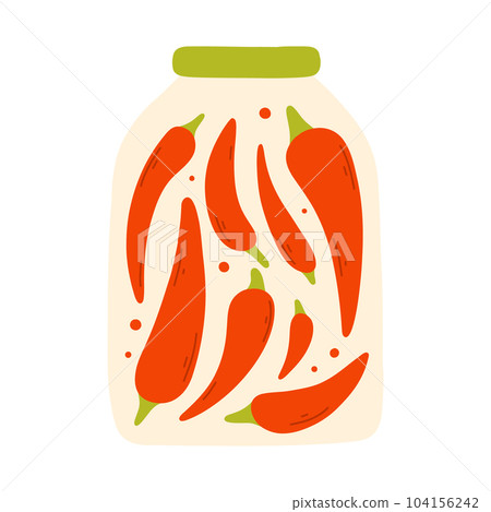 A jar of canned chili peppers. Vector illustration of homemade pickle. Flat style. Hand-drawn jar with canned vegetables. 104156242