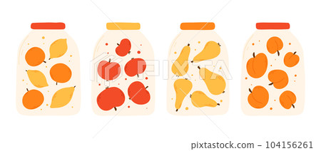 A set of jars with homemade jam. Vector illustration in a flat style. Hand drawn homemade fruit marmalade. Collection of fruit jam apple, pear, citrus. 104156261