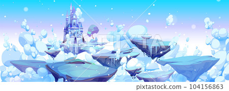 Frozen magic princess castle with snow in winter 104156863