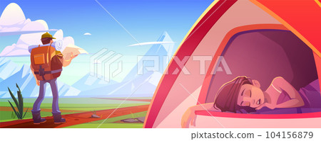 People in camp with tent in mountain valley 104156879