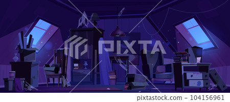 Old abandoned attic house room interior at night 104156961