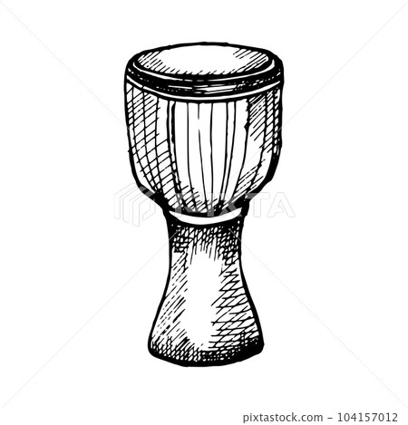 Djembe percussion musical instrument vector illustration isolated. Black white folk African instrument ink hand painted. Ethnic drum. Design element for wrapping, postcard, brochure, poster, textbook 104157012