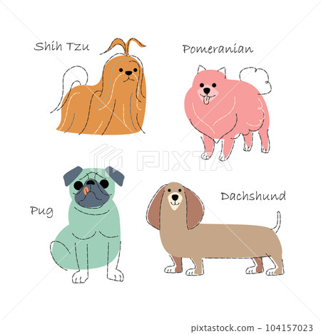 Dog breeds Set 2 . Flat shape and pencil line drawing design . Vector . 104157023