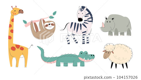 Wildlife animals Set 4 . Flat shape and pencil line drawing design . Vector . 104157026
