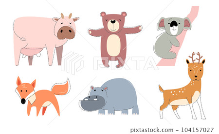 Wildlife animals Set 3 . Flat shape and pencil line drawing design . Vector . 104157027