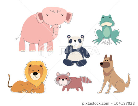 Wildlife animals Set 1 . Flat shape and pencil line drawing design . Vector . 104157028