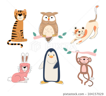 Wildlife animals Set 2 . Flat shape and pencil line drawing design . Vector . 104157029