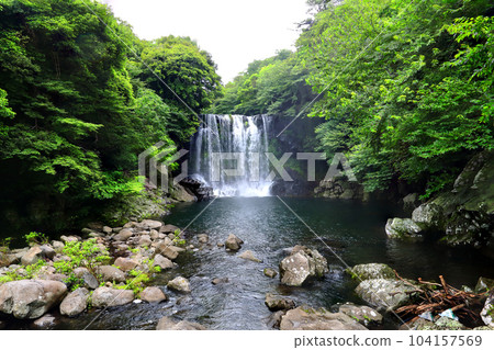 Beautiful touristic scenery of Cheonjeyeon Waterfall, a famous tourist attraction in Jeju Island. Beautiful touristic scenery of Cheonjeyeon Waterfall, a famous tourist attraction in Jeju Island. 104157569
