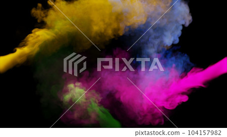 Clubs of multi-colored smoke collide from four sides on a black background. 3d illustration. Clubs of multi-colored smoke collide from four sides on a black background. 3d illustration. 104157982