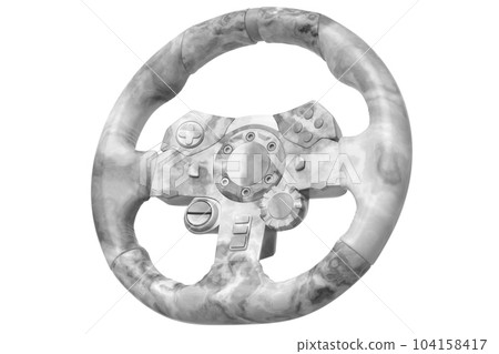 Realistic leather steering wheel with black marble texture on white background 104158417