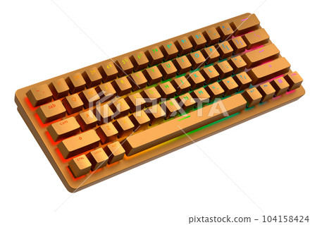 Realistic computer keyboard with golden chrome texture isolated on white Realistic computer keyboard with golden chrome texture isolated on white 104158424