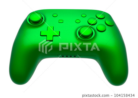 Realistic video game joystick with green chrome texture isolated on white Realistic video game joystick with green chrome texture isolated on white 104158434