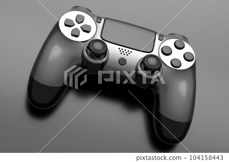 Realistic video game joystick with metallic chrome texture isolated on dark 104158443