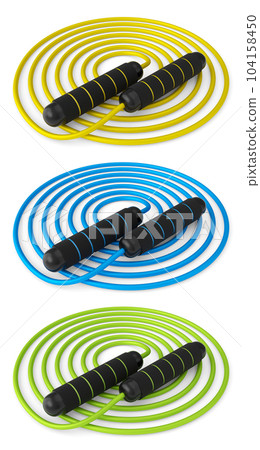 Set of skipping ropes or jumping ropes isolated on white background. 104158450