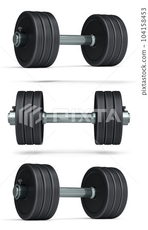 Set of dumbbells with rubber disks isolated on white background Set of dumbbells with rubber disks isolated on white background 104158453