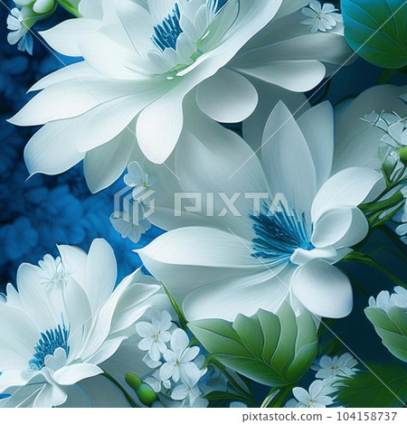 White and blue flowers with green stems and leaves. White and blue flowers with green stems and leaves. 104158737