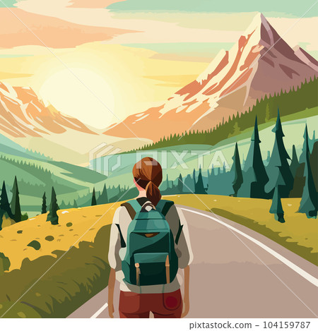Adventure woman hiker enjoying hiking in mountains with nordic poles backpack flat vector illustration. Woman traveler travels with backpack. Happy tourist girl is ready for adventure. flat vector Adventure woman hiker enjoying hiking in mountains with nordic poles backpack flat vector illustration. Woman traveler travels with backpack. Happy tourist girl is ready for adventure. flat vector 104159787